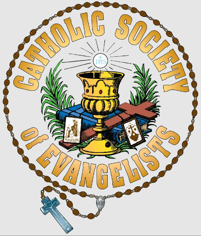 Seal of the Catholic Society of Evangelists with a chalice in the center surrounded by a brown scapular a cross a bible and the whole image encircled by a rosary